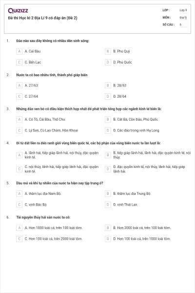 Đề thi Học kì 2 Địa Lí 9 có đáp án (Đề 2)