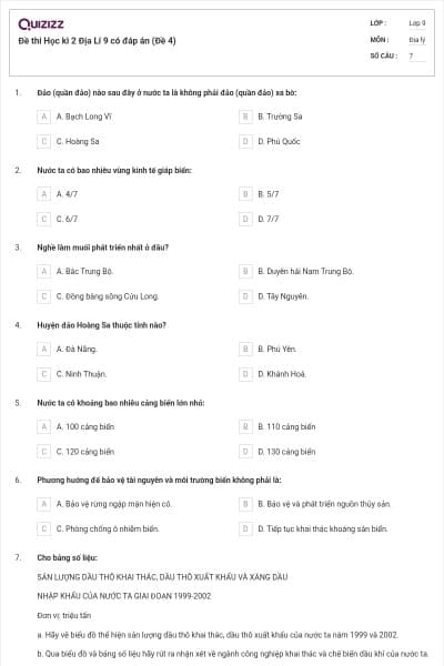 Đề thi Học kì 2 Địa Lí 9 có đáp án (Đề 4)