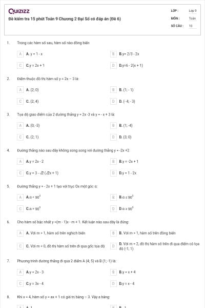 Đề kiểm tra 15 phút Toán 9 Chương 2 Đại Số có đáp án (Đề 6)