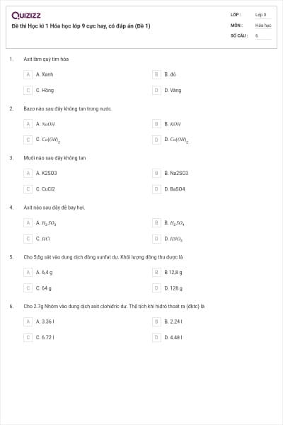 Đề thi Học kì 1 Hóa học lớp 9 cực hay, có đáp án (Đề 1)