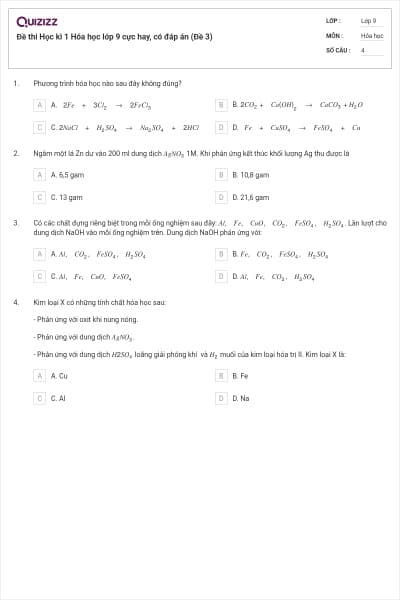 Đề thi Học kì 1 Hóa học lớp 9 cực hay, có đáp án (Đề 3)