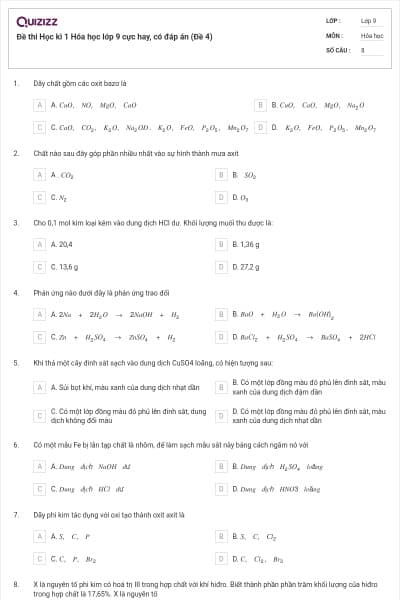 Đề thi Học kì 1 Hóa học lớp 9 cực hay, có đáp án (Đề 4)