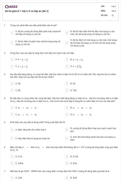 Đề thi giữa kì 1 Vật Lí 9 có đáp án (Đề 2)