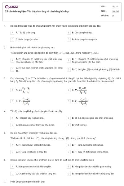 25 câu trắc nghiệm Tốc độ phản ứng và cân bằng hóa học