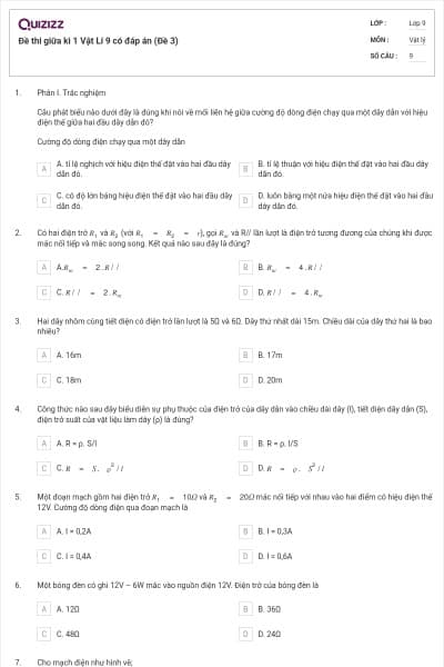 Đề thi giữa kì 1 Vật Lí 9 có đáp án (Đề 3)