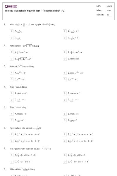 150 câu trắc nghiệm Nguyên hàm - Tích phân cơ bản (P2)