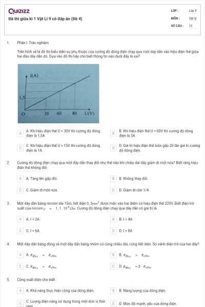 Đề thi giữa kì 1 Vật Lí 9 có đáp án (Đề 4)