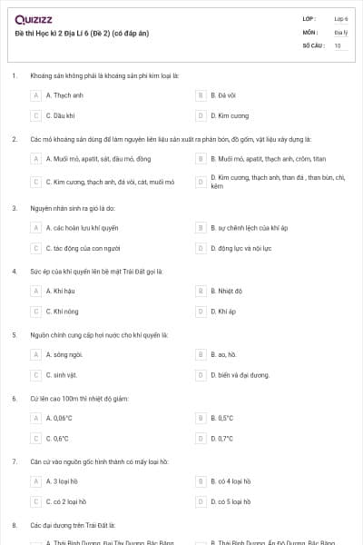 Đề thi Học kì 2 Địa Lí 6 (Đề 2) (có đáp án)