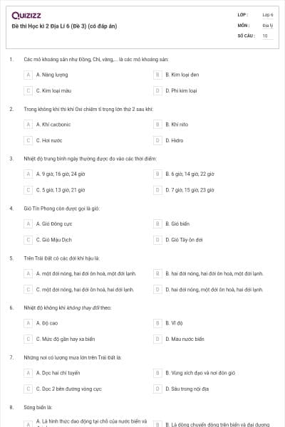 Đề thi Học kì 2 Địa Lí 6 (Đề 3) (có đáp án)