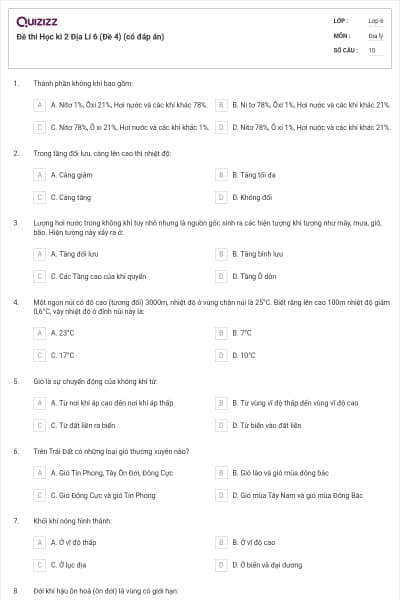 Đề thi Học kì 2 Địa Lí 6 (Đề 4) (có đáp án)