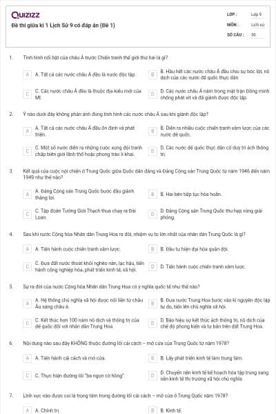Đề thi giữa kì 1 Lịch Sử 9 có đáp án (Đề 1)