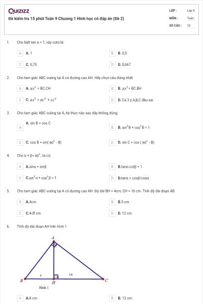 Đề kiểm tra 15 phút Toán 9 Chương 1 Hình học có đáp án (Đề 2)