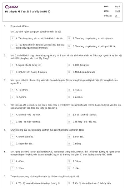 Đề thi giữa kì 1 Vật Lí 8 có đáp án (Đề 1)