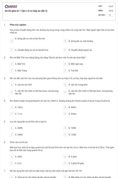Đề thi giữa kì 1 Vật Lí 8 có đáp án (Đề 3)