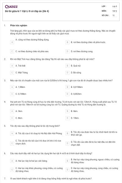 Đề thi giữa kì 1 Vật Lí 8 có đáp án (Đề 4)