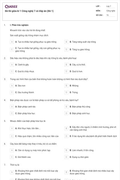 Đề thi giữa kì 1 Công nghệ 7 có đáp án (Đề 1)