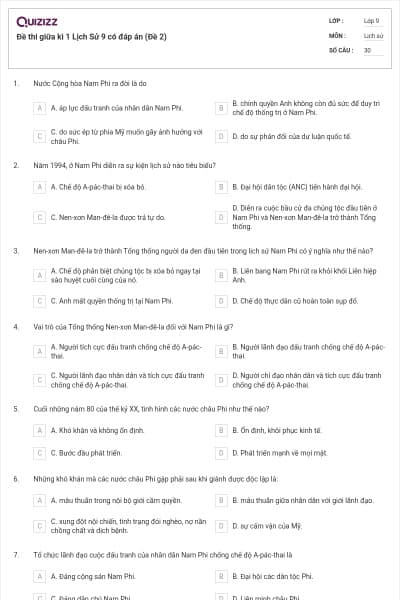 Đề thi giữa kì 1 Lịch Sử 9 có đáp án (Đề 2)