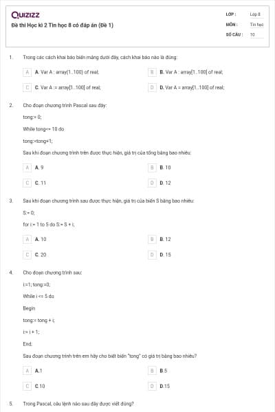 Đề thi Học kì 2 Tin học 8 có đáp án (Đề 1)