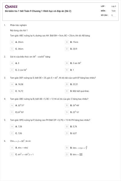 Đề kiểm tra 1 tiết Toán 9 Chương 1 Hình học có đáp án (Đề 2)
