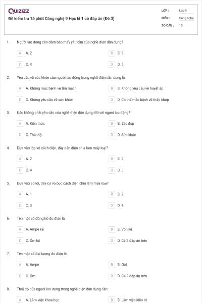 Đề kiểm tra 15 phút Công nghệ 9 Học kì 1 có đáp án (Đề 3)