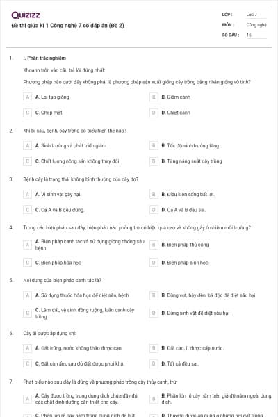Đề thi giữa kì 1 Công nghệ 7 có đáp án (Đề 2)