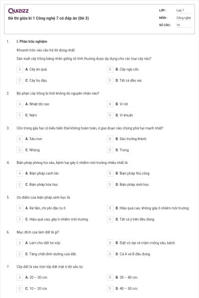 Đề thi giữa kì 1 Công nghệ 7 có đáp án (Đề 3)