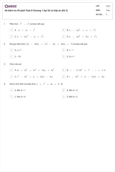 Đề kiểm tra 45 phút Toán 8 Chương 1 Đại Số có đáp án (Đề 3)