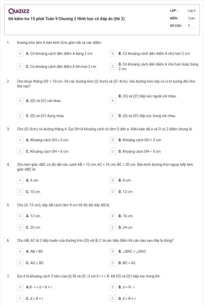Đề kiểm tra 15 phút Toán 9 Chương 2 Hình học có đáp án (Đề 2)