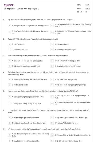 Đề thi giữa kì 1 Lịch Sử 9 có đáp án (Đề 3)
