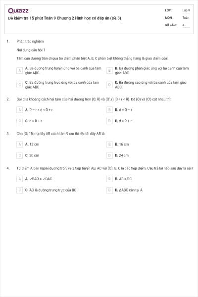 Đề kiểm tra 15 phút Toán 9 Chương 2 Hình học có đáp án (Đề 3)