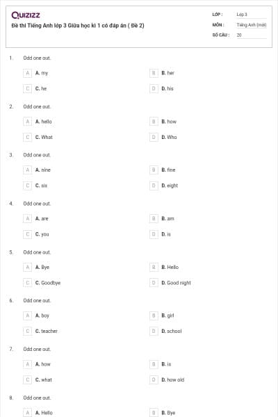 Đề thi Tiếng Anh lớp 3 Giữa học kì 1 có đáp án ( Đề 2)