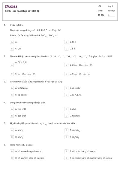 Đề thi Hóa học 8 học kì 1 (Đề 1)