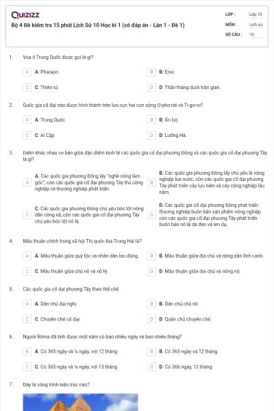 Bộ 4 Đề kiểm tra 15 phút Lịch Sử 10 Học kì 1 (có đáp án - Lần 1 - Đề 1)