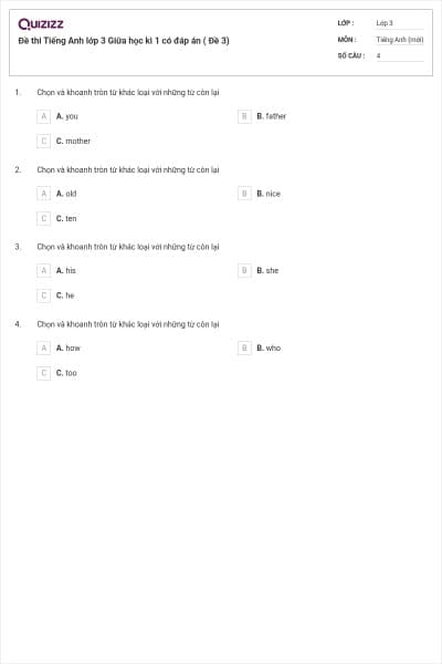 Đề thi Tiếng Anh lớp 3 Giữa học kì 1 có đáp án ( Đề 3)