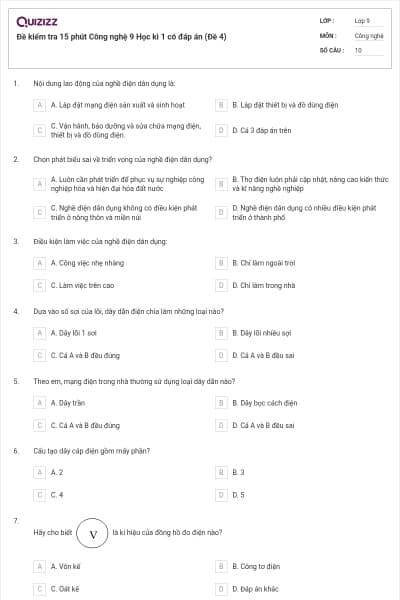 Đề kiểm tra 15 phút Công nghệ 9 Học kì 1 có đáp án (Đề 4)