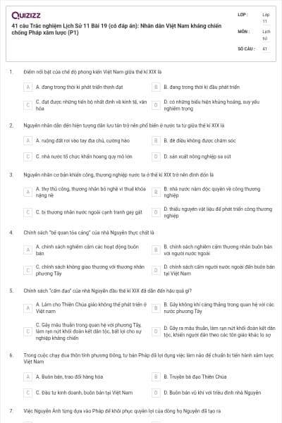 41 câu  Trắc nghiệm Lịch Sử 11 Bài 19 (có đáp án): Nhân dân Việt Nam kháng chiến chống Pháp xâm lược (P1)