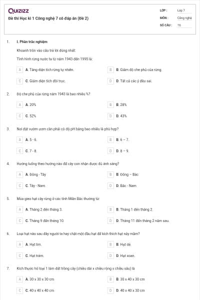 Đề thi Học kì 1 Công nghệ 7 có đáp án (Đề 2)