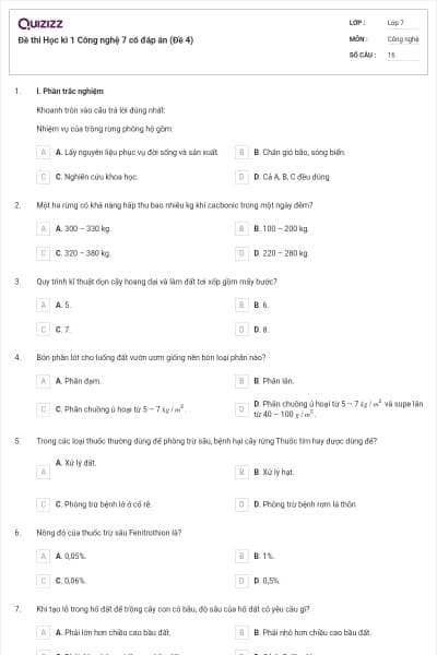 Đề thi Học kì 1 Công nghệ 7 có đáp án (Đề 4)