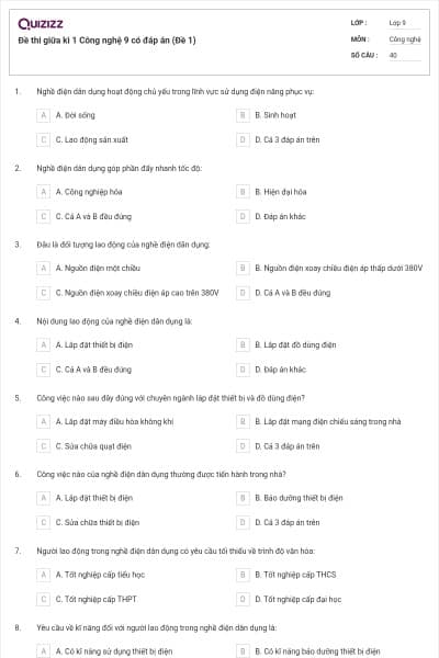 Đề thi giữa kì 1 Công nghệ 9 có đáp án (Đề 1)