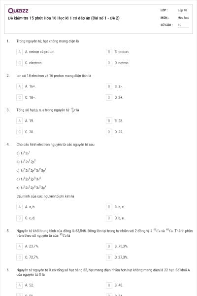 Đề kiểm tra 15 phút Hóa 10 Học kì 1 có đáp án (Bài số 1 - Đề 2)