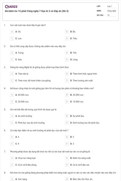Đề kiểm tra 15 phút Công nghệ 7 Học kì 2 có đáp án (Đề 3)