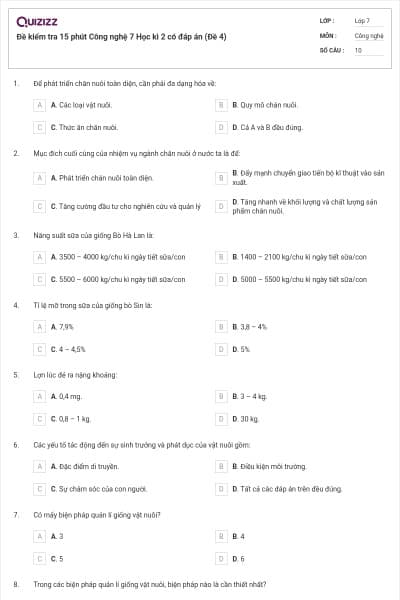 Đề kiểm tra 15 phút Công nghệ 7 Học kì 2 có đáp án (Đề 4)