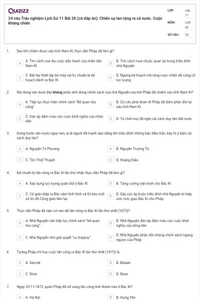 24 câu Trắc nghiệm Lịch Sử 11 Bài 20 (có đáp án): Chiến sự lan rộng ra cả nước. Cuộc kháng chiến