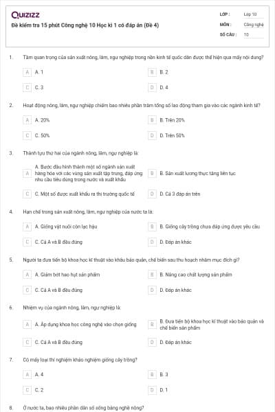 Đề kiểm tra 15 phút Công nghệ 10 Học kì 1 có đáp án (Đề 4)
