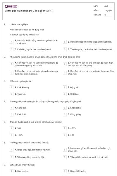 Đề thi giữa kì 2 Công nghệ 7 có đáp án (Đề 1)