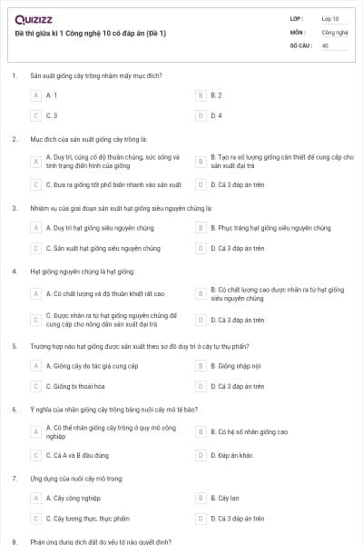 Đề thi giữa kì 1 Công nghệ 10 có đáp án (Đề 1)