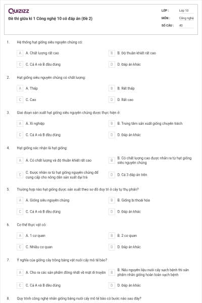 Đề thi giữa kì 1 Công nghệ 10 có đáp án (Đề 2)