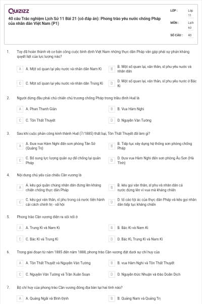 40 câu Trắc nghiệm Lịch Sử 11 Bài 21 (có đáp án): Phong trào yêu nước chống Pháp của nhân dân Việt Nam (P1)