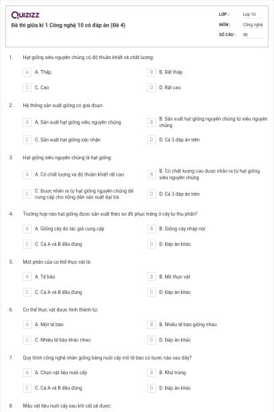 Đề thi giữa kì 1 Công nghệ 10 có đáp án (Đề 4)