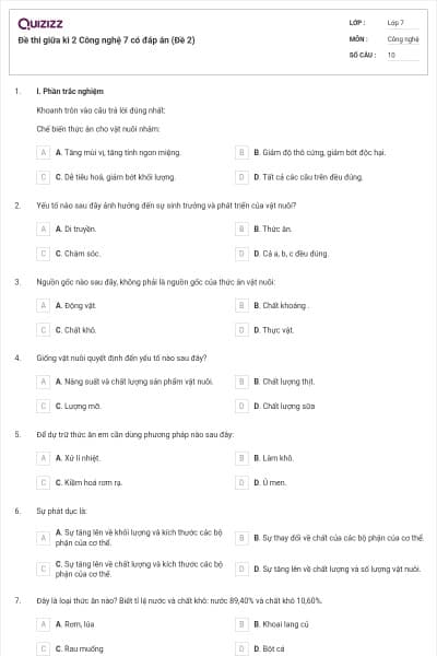 Đề thi giữa kì 2 Công nghệ 7 có đáp án (Đề 2)